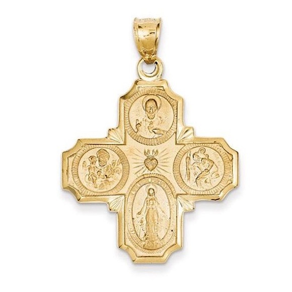 NWT - 14K Gold Four Way Cross Catholic Medallion Pendant